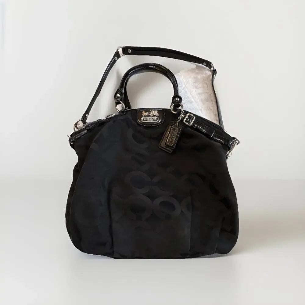 Coach‎ F1806 Black Signature C Sateen Satchel Crossbody Bag Patent Leather Trim